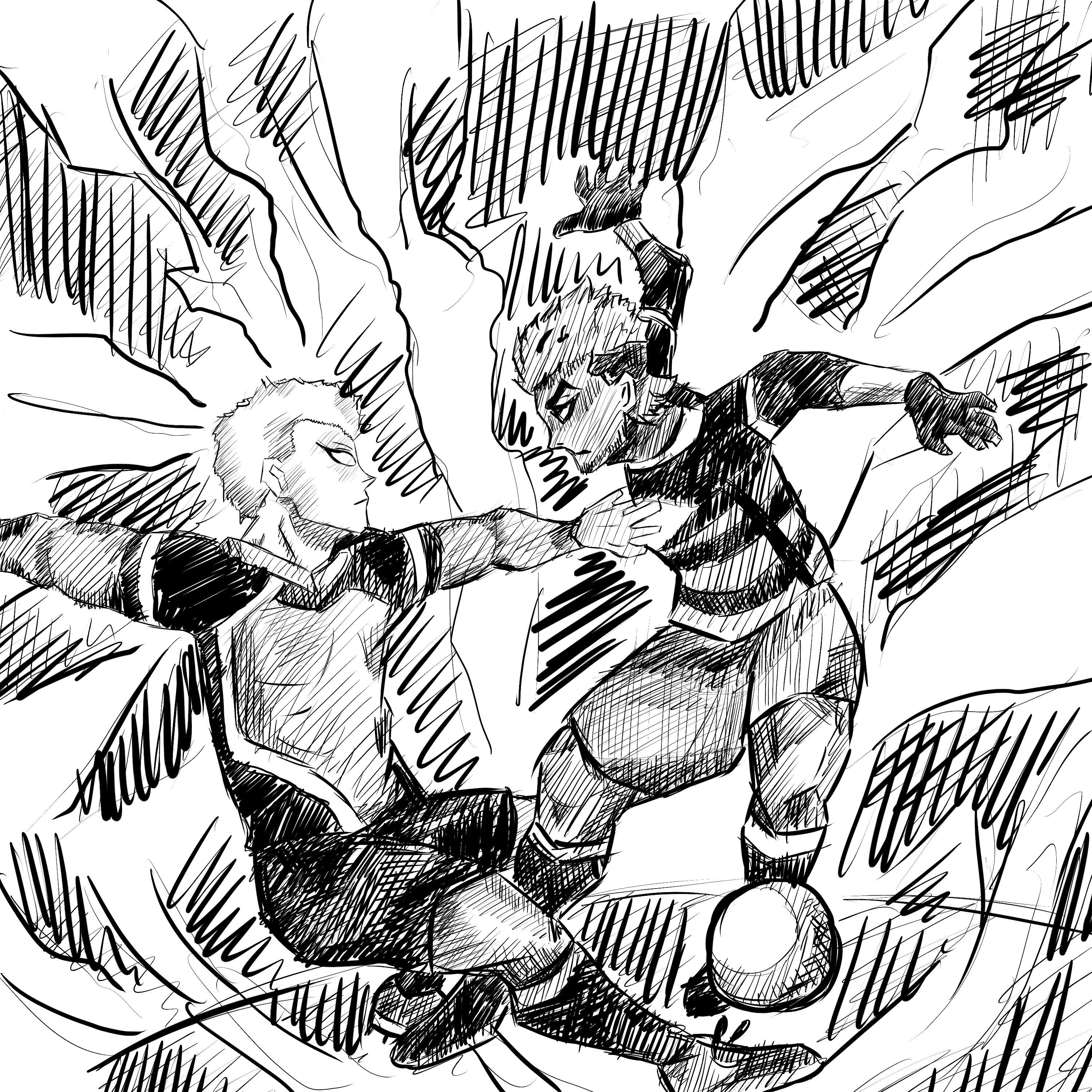 This image captures an intense moment in a manga where two characters engage in a fierce battle. 
                    The dynamic movement of their poses, with one character appearing to strike while the other counters, creates a tense and high-energy scene. 
                    The detailed cross-hatching and shading around them enhance the sense of speed, power, and impact. Both characters are focused and determined, 
                    emphasizing the high stakes of their confrontation. The background lines add to the visual intensity, making the clash feel even more dramatic. 
                    This scene showcases the excitement and intensity typical of action-packed manga fights.