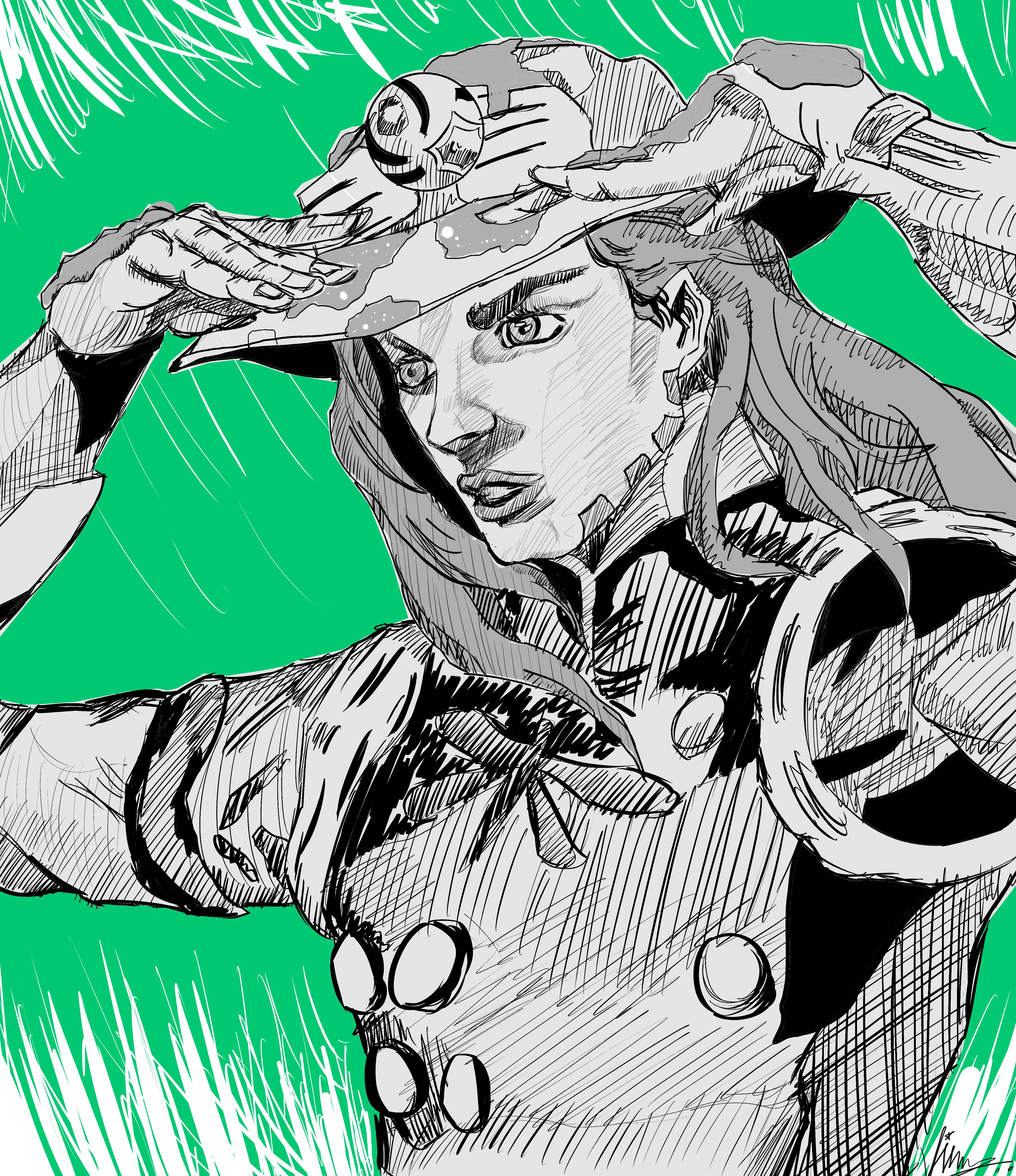 Gyro Zeppeli is one of the main characters in Steel Ball Run, part of the JoJo's 
                    Bizarre Adventure series. He is known for his unique and charismatic personality, as well as his expertise in the use of 
                    the Spin technique, which he employs with his Steel Balls in combat. The image captures Gyro in a confident, poised stance, 
                    saluting with his hand raised to his hat. His outfit, with its distinctive design and the large, ornamental buttons, 
                    emphasizes his adventurous and somewhat mysterious nature. Gyro's sense of honor and determination are key aspects of his 
                    character, making him a memorable figure in the series.