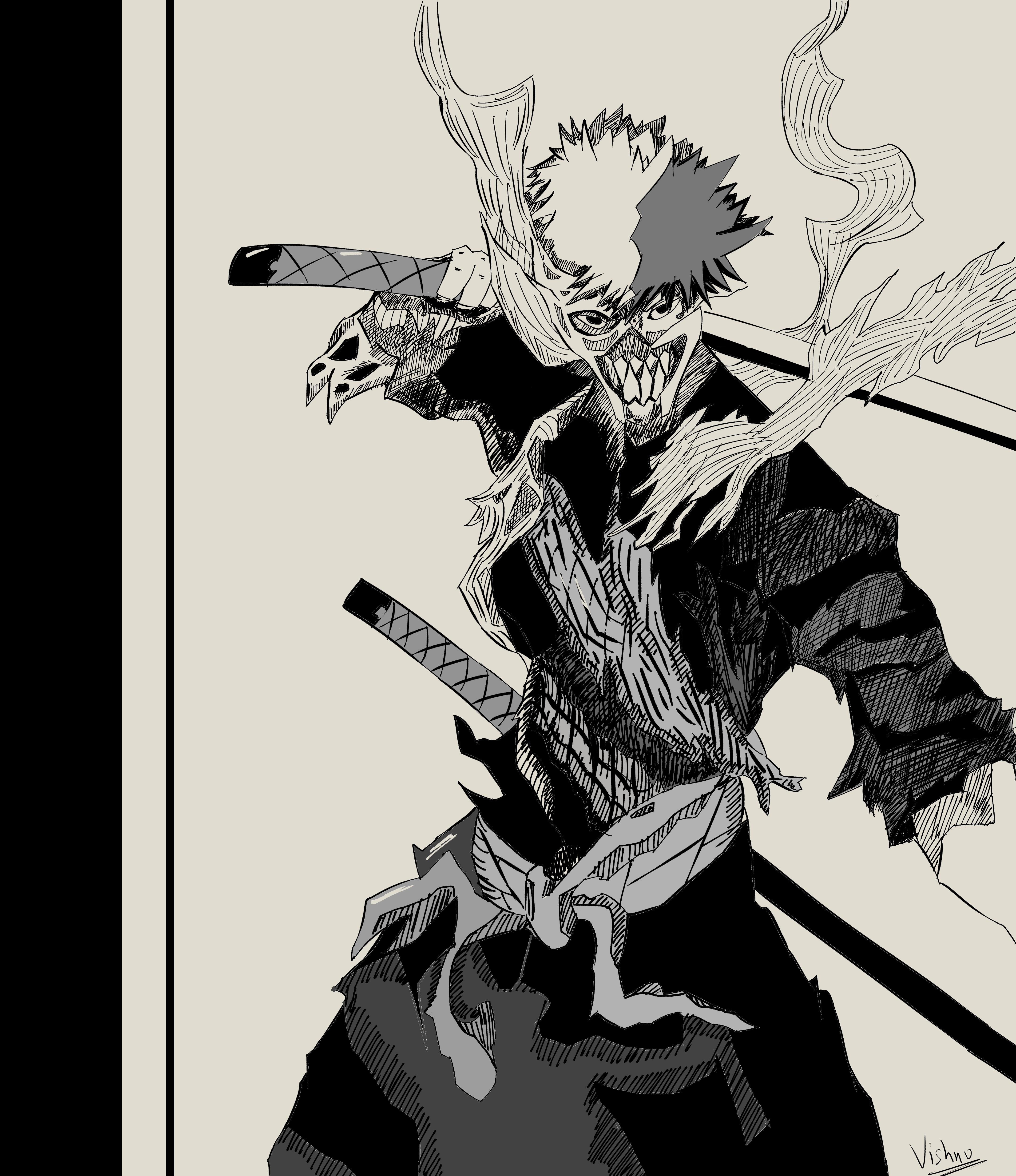 This is a stunning illustration of Ichigo Kurosaki from Bleach, showcasing his powerful transformation 
                    into his Hollow form. The character is depicted with fierce expression and dynamic movement, highlighting his swordsmanship and the 
                    intimidating Hollow mask with sharp, jagged features. The ethereal, smoke-like energy emanating from his body adds a dramatic effect, 
                    emphasizing the monstrous side of Ichigo’s powers. The character design captures his struggle between humanity and the darker forces within him, 
                    reflecting his journey throughout the series.