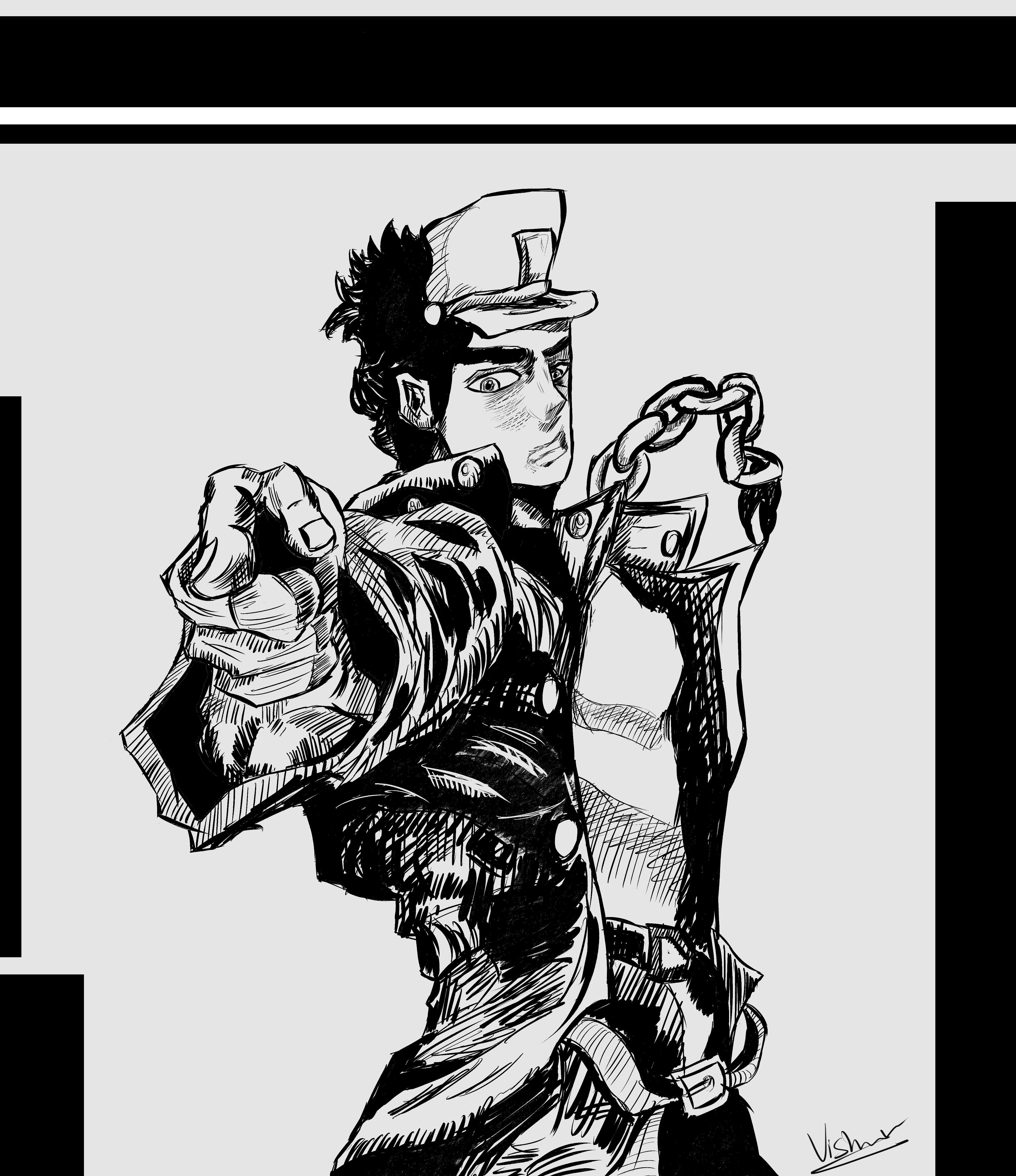 Jotaro Kujo is the main protagonist of Stardust Crusaders, the third part of JoJo’s Bizarre
                     Adventure. Known for his cool, stoic demeanor and iconic catchphrase Yare yare daze, Jotaro is a powerful and skilled Stand user. 
                     In this image, he’s depicted with his signature outfit, including his marine-style cap and chain, while using his Stand, 
                     Star Platinum, which is known for its incredible strength and precision. Jotaro’s intense gaze and determined expression 
                     reflect his unyielding will and leadership qualities as he travels the world with his friends to defeat powerful enemies. 
                     This image captures Jotaro’s heroic and tough nature, making him one of the most recognizable characters in the JoJo universe.