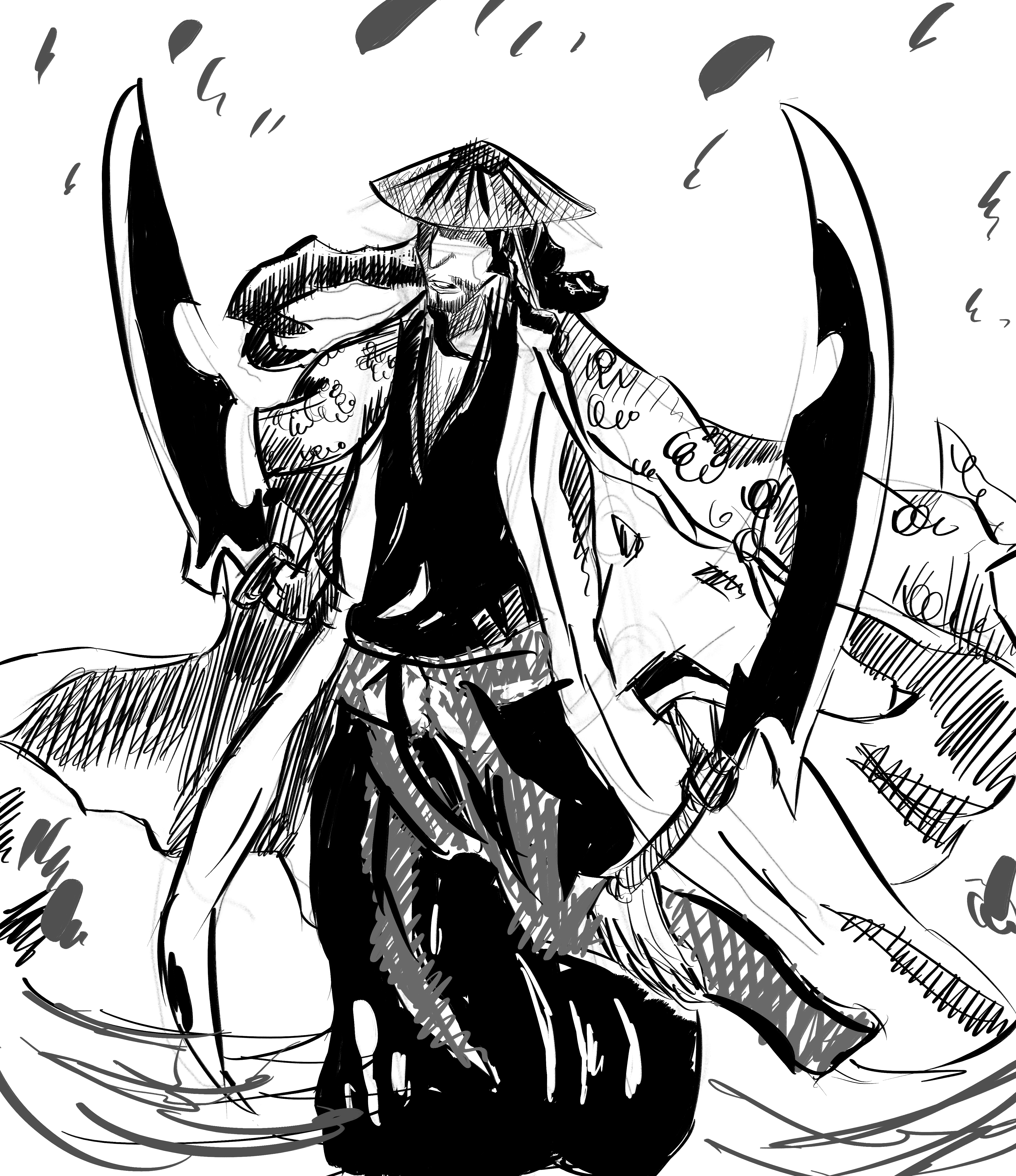 Shunsui Kyōraku is the Captain of the 8th Division in Bleach and one of the most 
                    experienced and powerful Soul Reapers. This image captures him in a dynamic and battle-ready pose, with his iconic, 
                    dual-wielded swords, Katen Kyōkotsu, in hand. The blades are uniquely designed to represent his playful yet deadly combat style. 
                    Shunsui's calm yet mischievous expression reflects his easy-going nature, though he is a serious and formidable fighter when 
                    the situation demands it. His traditional haori, long flowing hair, and straw hat complete his distinguished appearance, 
                    and the swirling background hints at the deadly elegance he brings to the battlefield.