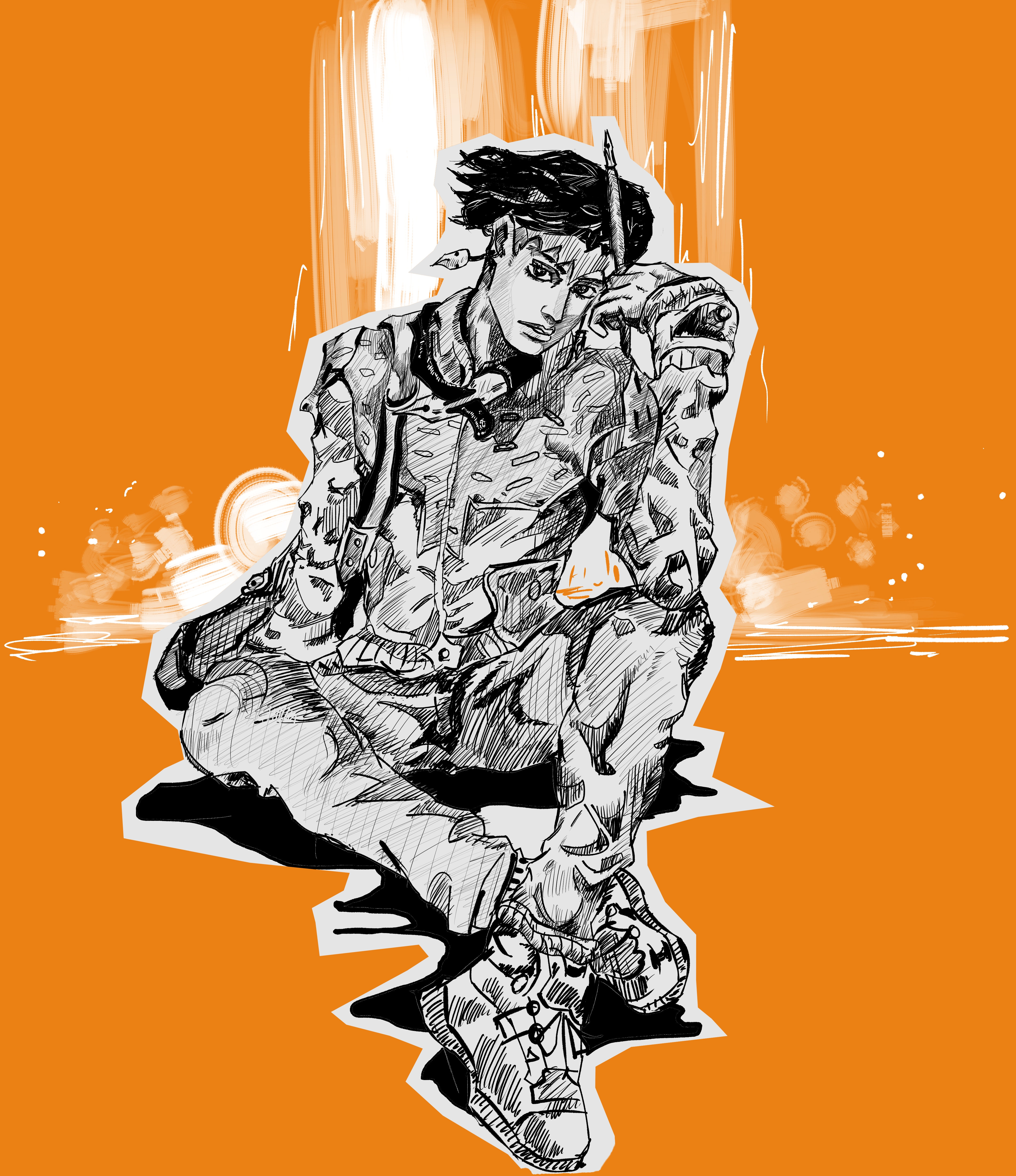 Kishibe Rohan is a talented manga artist and a key character in Diamond is Unbreakable, 
                    the fourth part of JoJo’s Bizarre Adventure. In this image, Rohan is shown sitting in a relaxed, almost contemplative pose, 
                    reflecting his artistic and slightly eccentric personality. His Stand, Heaven's Door, allows him to read and manipulate people's 
                    memories, making him a formidable character despite his seemingly calm demeanor. The bold, expressive lines and the vibrant orange 
                    background complement Rohan’s flamboyant style and self-confidence, capturing his unique and intense presence within the 
                    JoJo universe.