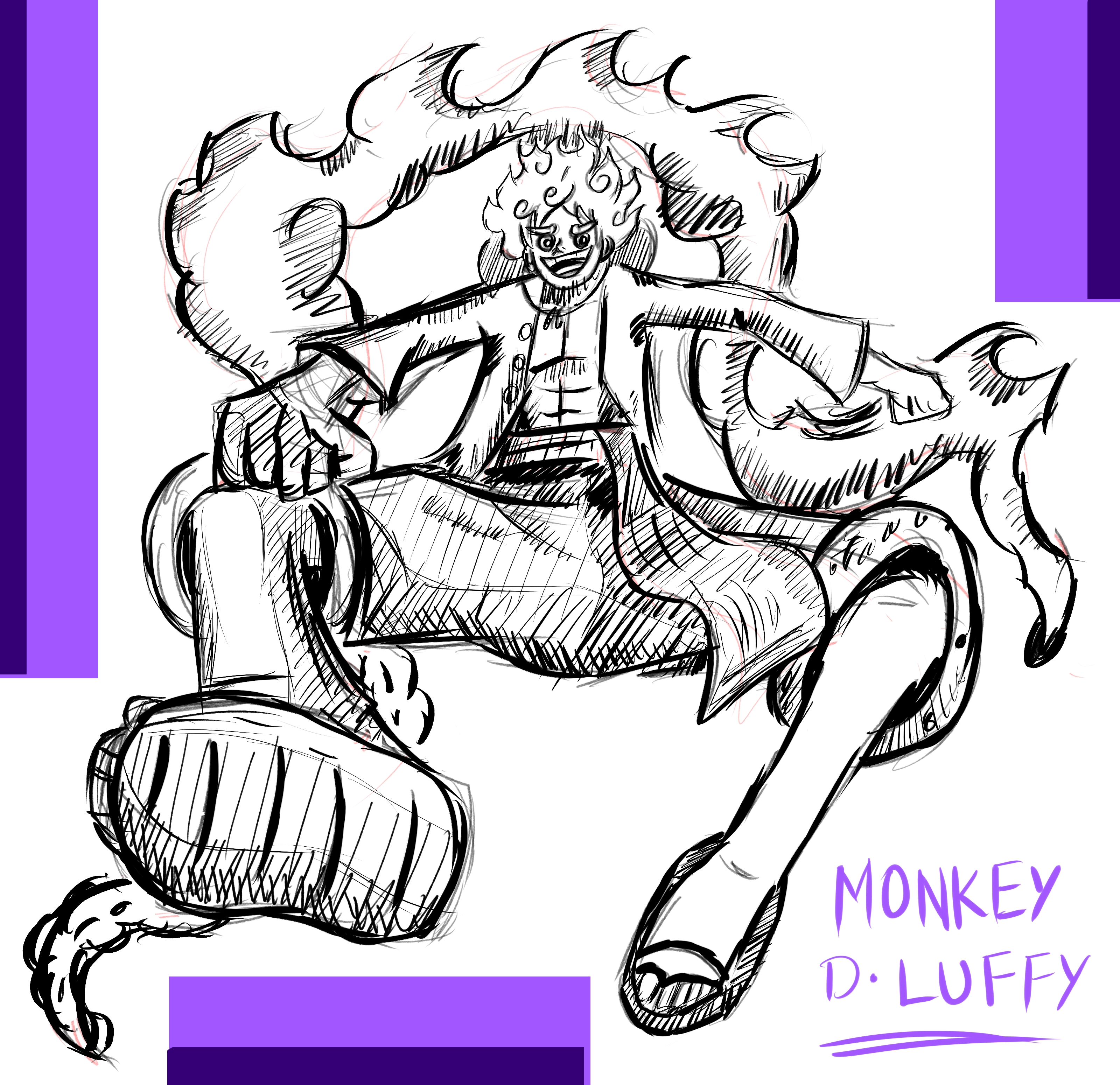 Monkey D. Luffy is the fearless protagonist of One Piece and the captain of the 
                    Straw Hat Pirates. This image captures him in his Gear 5 form, which is his awakened ability, giving him a more exaggerated, 
                    cartoonish appearance with enhanced strength and elasticity. His iconic straw hat and smile are central to his character, 
                    symbolizing his adventurous spirit and determination to become the Pirate King. The dynamic pose and the flowing, 
                    fiery aura around him reflect his immense power, while the bold purple background complements his lively and rebellious nature. 
                    Luffy's unshakable will and infectious optimism make him a beloved and enduring character in the world of anime.